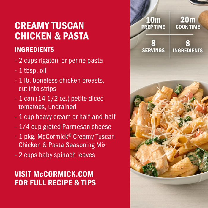 This image shows a McCormick Creamy Tuscan Chicken &amp; Pasta recipe with a list of ingredients and a photo of the finished dish.