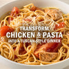 A bowl of chicken and pasta is shown with the text Transform Chicken &amp; Pasta into a Tuscan-Style Dinner.