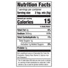 Nutrition facts label showing that one serving contains 15 calories, 0g of fat, 260mg of sodium, 4g of carbohydrates, 1g of sugar, and 0g of protein.