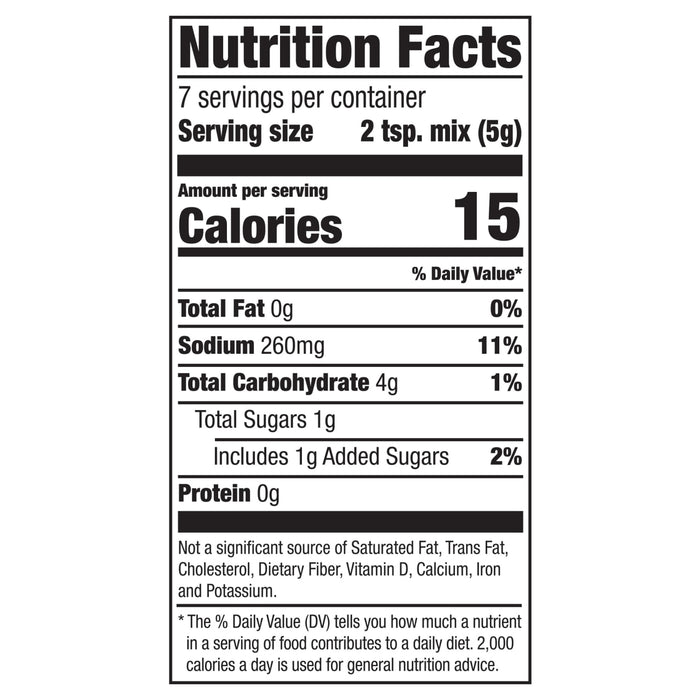 Nutrition facts label showing that one serving contains 15 calories, 0g of fat, 260mg of sodium, 4g of carbohydrates, 1g of sugar, and 0g of protein.