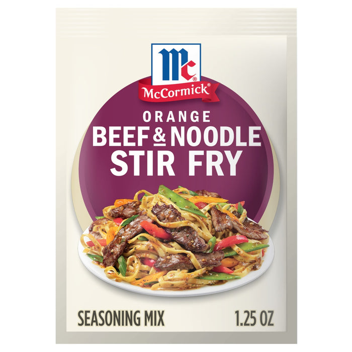A packet of McCormick Orange Beef &amp; Noodle Stir Fry seasoning mix.