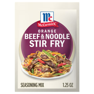 A packet of McCormick Orange Beef &amp; Noodle Stir Fry seasoning mix.