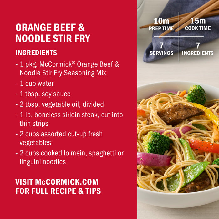 This image shows a recipe for McCormick Orange Beef &amp; Noodle Stir Fry, including a list of ingredients and a photo of the finished dish.