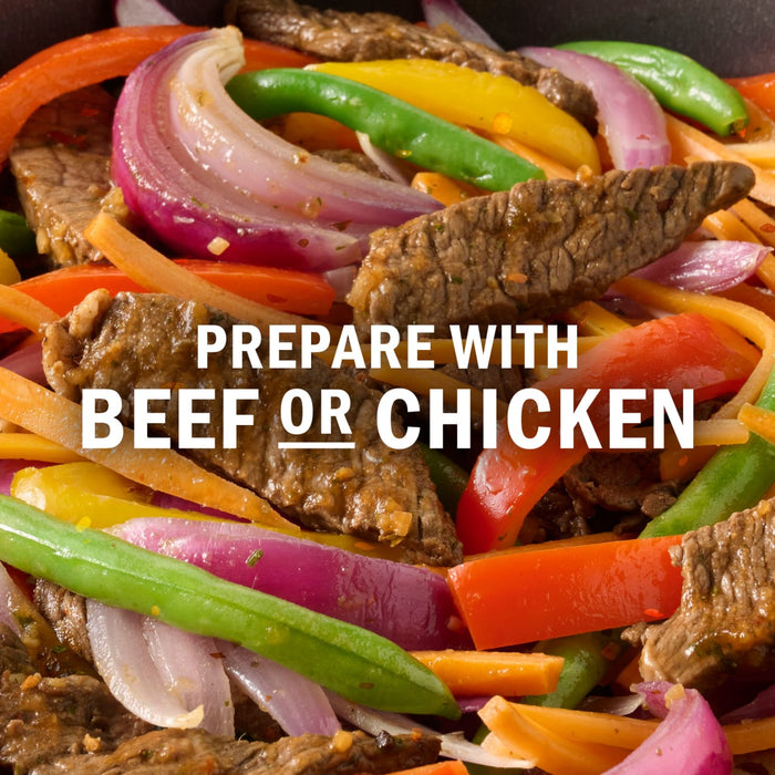 A colorful stir-fry featuring beef or chicken with vibrant vegetables like bell peppers, onions, and green beans.