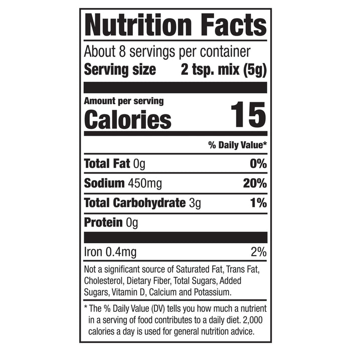 This is a nutrition facts label showing that a serving size of 2 teaspoons contains 15 calories and 450mg of sodium.