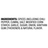 The image shows the ingredient list for a spice blend, including chili pepper, cumin, salt, modified corn starch, garlic, sugar, onion, xanthan gum, and natural flavor.