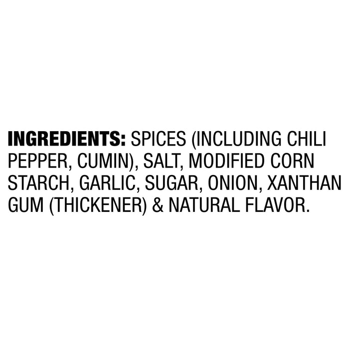 The image shows the ingredient list for a spice blend, including chili pepper, cumin, salt, modified corn starch, garlic, sugar, onion, xanthan gum, and natural flavor.