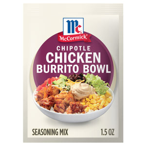 A packet of McCormick Chipotle Chicken Burrito Bowl seasoning mix is displayed.