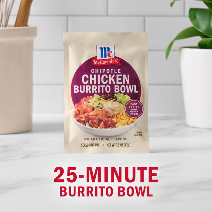 A McCormick Chicken Burrito Bowl seasoning packet promises a 25-minute meal.