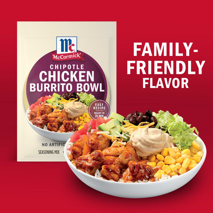 McCormick Chipotle Chicken Burrito Bowl mix offers a family-friendly flavor for a quick and easy meal.
