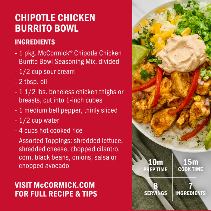 A Chipotle Chicken Burrito Bowl recipe from McCormick is shown.