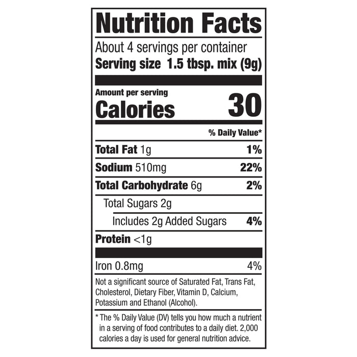 This is a nutrition facts label showing that one serving contains 30 calories, 1 gram of fat, 510mg of sodium, 5 grams of carbohydrates, 3 grams of sugar, and 1 gram of protein.