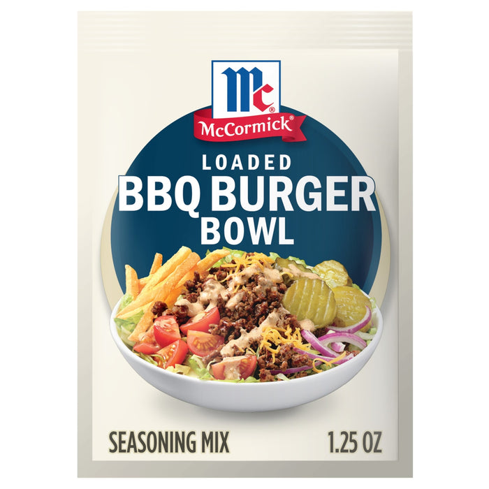 A packet of McCormick Loaded BBQ Burger Bowl seasoning mix is displayed.