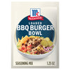 A packet of McCormick Loaded BBQ Burger Bowl seasoning mix is displayed.