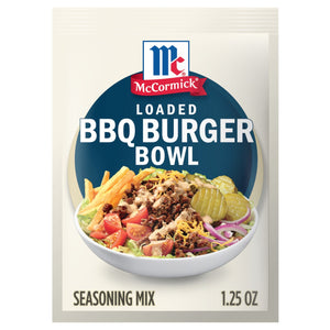 A packet of McCormick Loaded BBQ Burger Bowl seasoning mix is displayed.