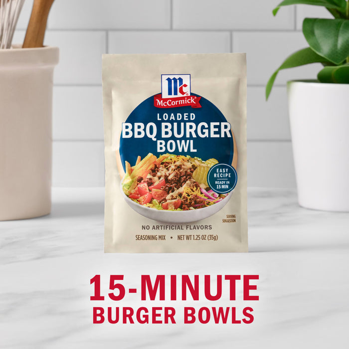 McCormick Loaded BBQ Burger Bowl seasoning packet is displayed, advertising a quick 15-minute meal.