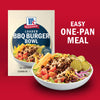 A McCormick Loaded BBQ Burger Bowl mix is displayed next to a prepared bowl of the same meal, highlighting its easy one-pan preparation.
