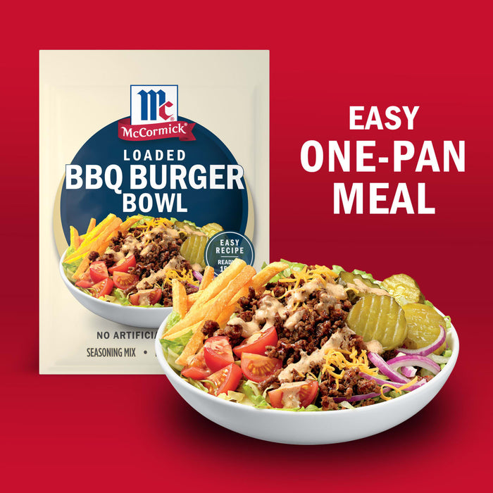 A McCormick Loaded BBQ Burger Bowl mix is displayed next to a prepared bowl of the same meal, highlighting its easy one-pan preparation.