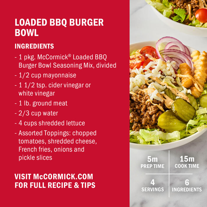 McCormick's Loaded BBQ Burger Bowl recipe ingredients and a picture of the finished bowl.
