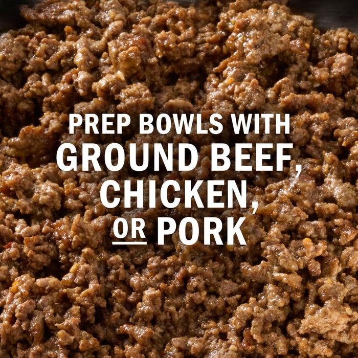 Bowls can be prepared with ground beef, chicken, or pork.
