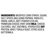 The image shows the ingredient list for a food product, including modified corn starch, sugar, salt, spices, onion, garlic, parmesan cheese, hydrolyzed soy protein, and buttermilk.