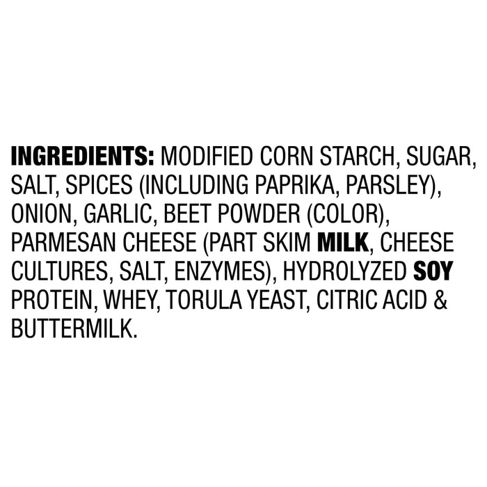 The image shows the ingredient list for a food product, including modified corn starch, sugar, salt, spices, onion, garlic, parmesan cheese, hydrolyzed soy protein, and buttermilk.