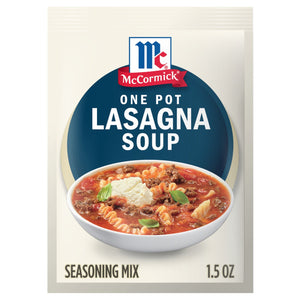 McCormick One Pot Lasagna Soup seasoning mix package.