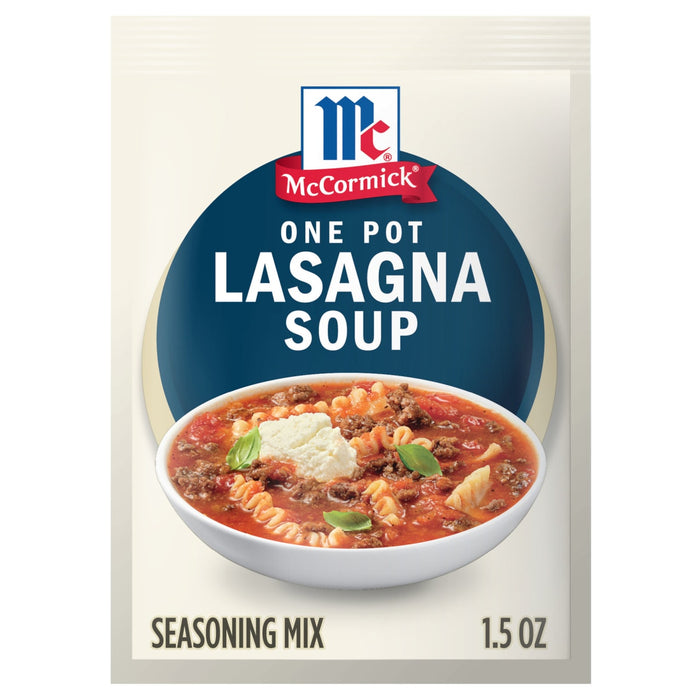 McCormick One Pot Lasagna Soup seasoning mix package.