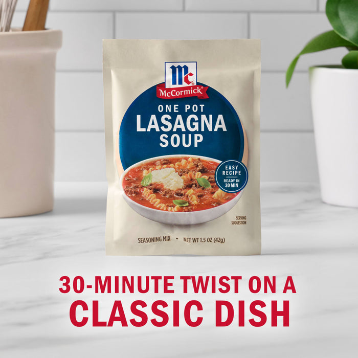 McCormick One Pot Lasagna Soup packet, advertising a 30-minute twist on a classic dish.