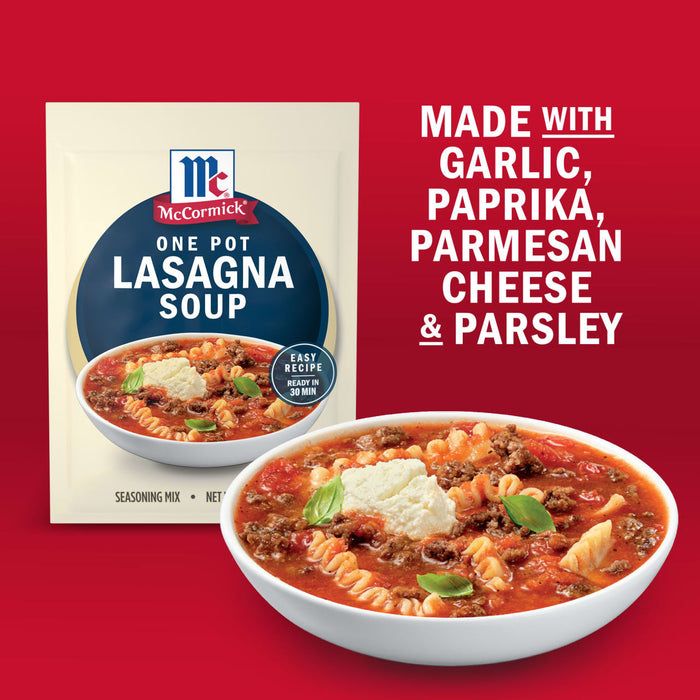 McCormick One Pot Lasagna Soup mix is shown with a prepared bowl of soup, highlighting the ingredients garlic, paprika, parmesan cheese and parsley.