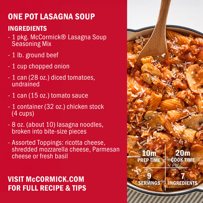A McCormick One Pot Lasagna Soup recipe card featuring ingredients and a photo of the finished soup.