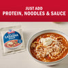 McCormick Lasagna Soup mix is shown next to a bowl of lasagna soup with the text Just Add Protein, Noodles &amp; Sauce.