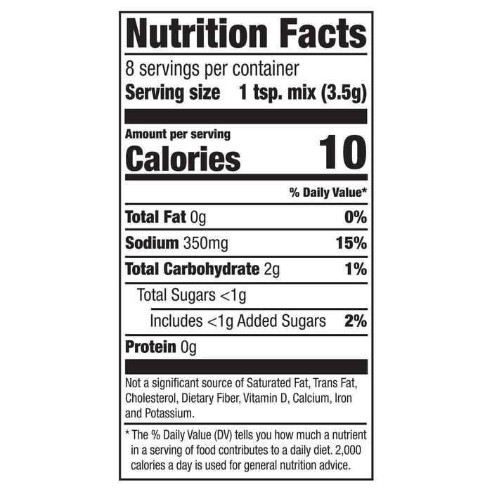 This is a nutrition facts label showing that one tablespoon contains 10 calories, 350mg of sodium, and 2g of carbohydrates.