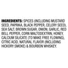 The image shows the ingredient list for a spice blend, including spices, mustard seed, paprika, black pepper, celery seed, sea salt, brown sugar, onion, garlic, red bell pepper, corn maltodextrin, honey, calcium silicate, citric acid, natural flavor, hickory smoke, and bourbon whiskey.