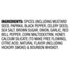 The image shows the ingredient list for a spice blend, including spices, mustard seed, paprika, black pepper, celery seed, sea salt, brown sugar, onion, garlic, red bell pepper, corn maltodextrin, honey, calcium silicate, citric acid, natural flavor, hickory smoke, and bourbon whiskey.