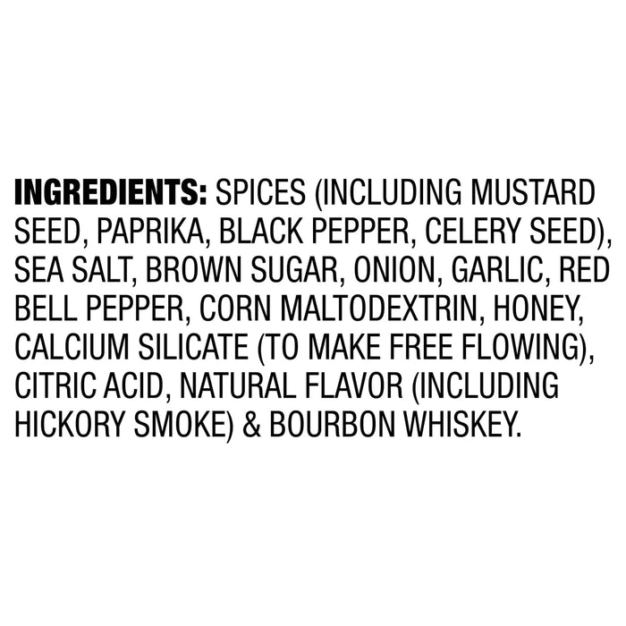 The image shows the ingredient list for a spice blend, including spices, mustard seed, paprika, black pepper, celery seed, sea salt, brown sugar, onion, garlic, red bell pepper, corn maltodextrin, honey, calcium silicate, citric acid, natural flavor, hickory smoke, and bourbon whiskey.