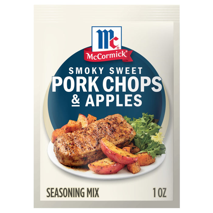 A packet of McCormick Smoky Sweet Pork Chops &amp; Apples seasoning mix.