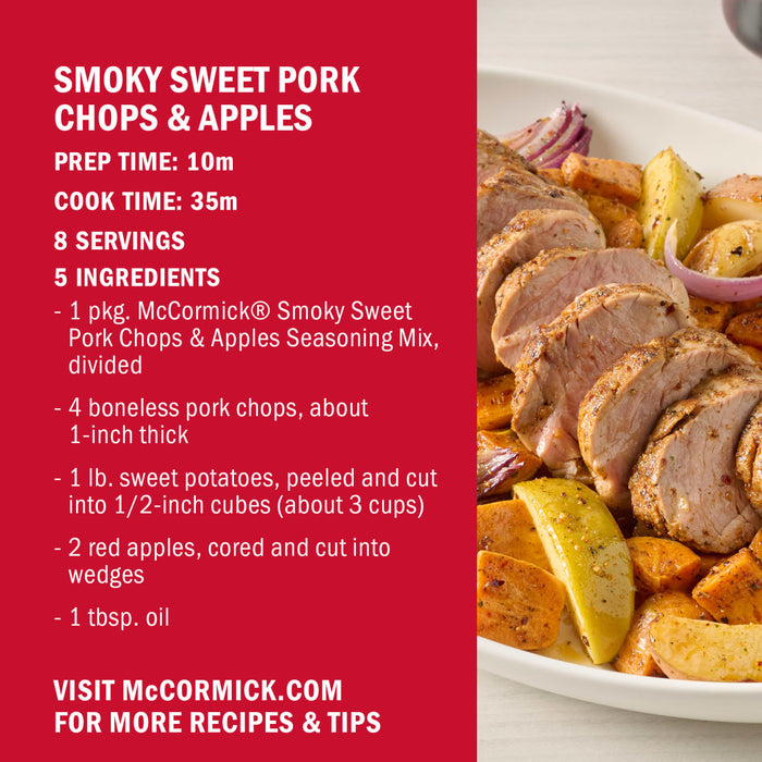 McCormick's Smoky Sweet Pork Chops &amp; Apples recipe image shows the ingredients and preparation time.