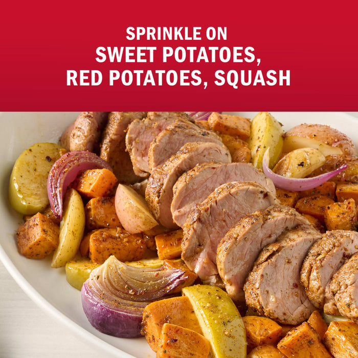 McCormick seasoning is recommended for sweet potatoes, red potatoes, and squash, as shown in this image of a prepared dish.
