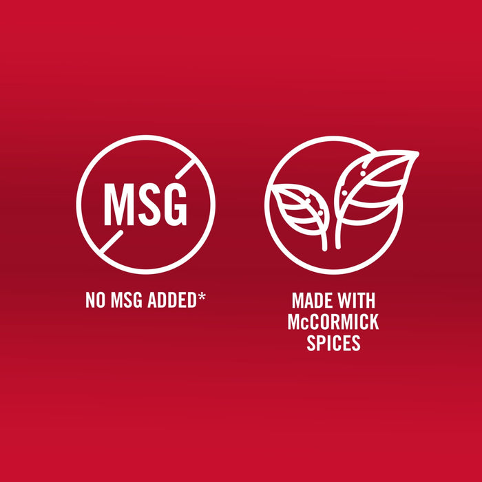 The image shows two icons indicating that the product has no MSG added and is made with McCormick spices.