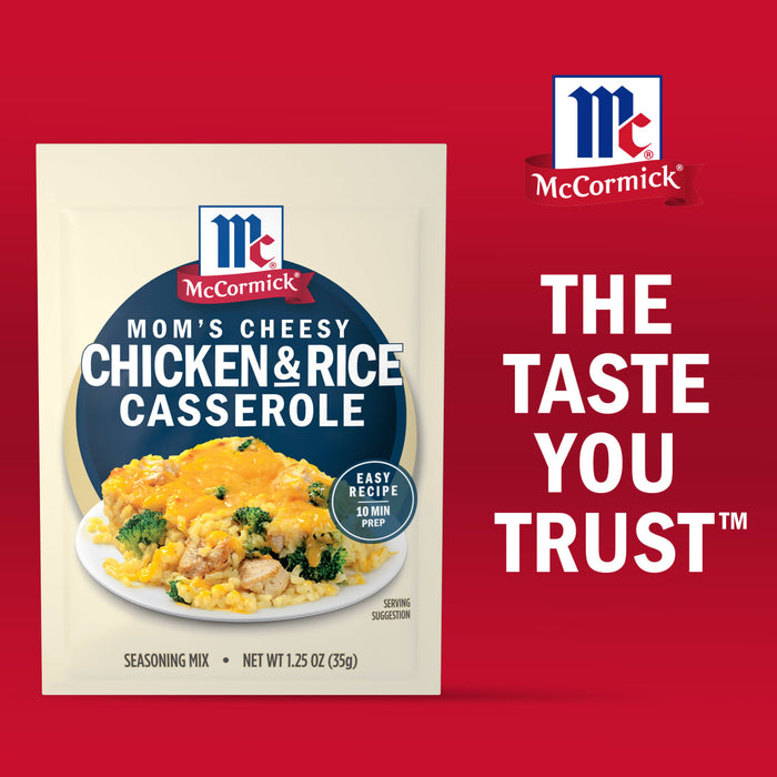 McCormick Mom's Cheesy Chicken and Rice Casserole mix packaging is displayed with the tagline The Taste You Trust.