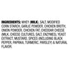 The image shows the ingredient list for a food product, including whey, salt, modified corn starch, garlic powder, chicken broth, onion powder, chicken fat, cheddar cheese, yeast extract, mustard, and spices.