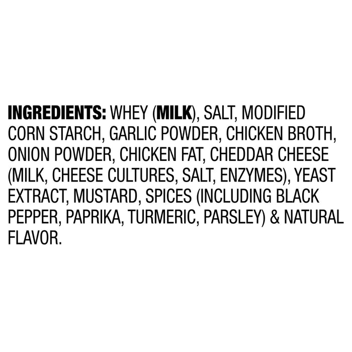 The image shows the ingredient list for a food product, including whey, salt, modified corn starch, garlic powder, chicken broth, onion powder, chicken fat, cheddar cheese, yeast extract, mustard, and spices.