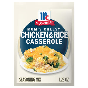 A packet of McCormick Mom's Cheesy Chicken &amp; Rice Casserole seasoning mix is displayed.
