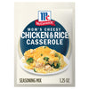 A packet of McCormick Mom's Cheesy Chicken &amp; Rice Casserole seasoning mix is displayed.