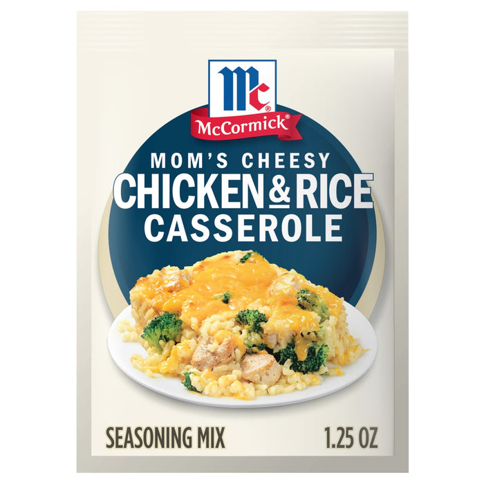 A packet of McCormick Mom's Cheesy Chicken &amp; Rice Casserole seasoning mix is displayed.
