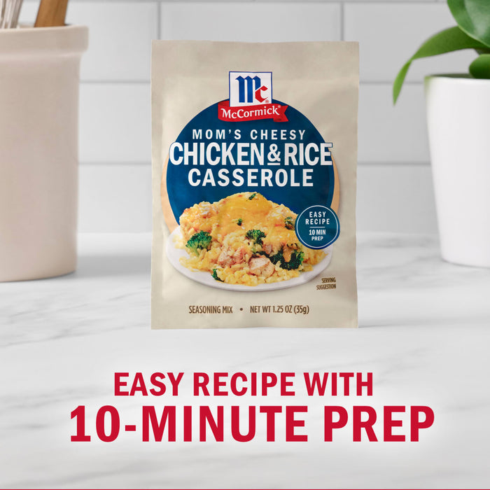 McCormick Chicken and Rice Casserole mix package promotes an easy recipe with 10-minute prep.