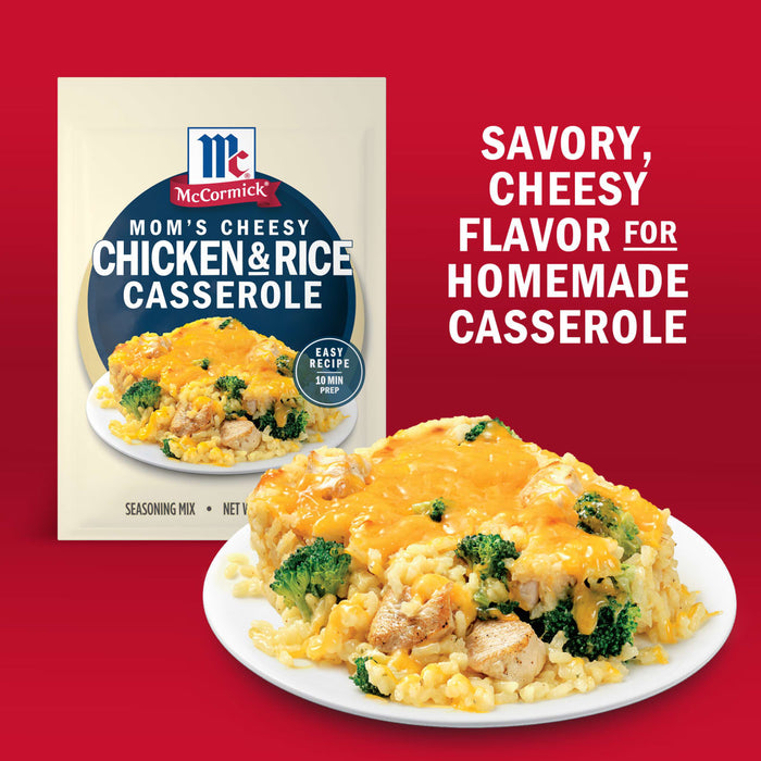 A box of McCormick Mom's Cheesy Chicken &amp; Rice Casserole mix is displayed next to a prepared casserole dish, highlighting the savory, cheesy flavor for a homemade meal.