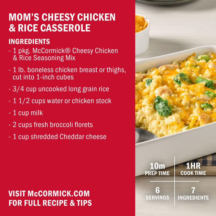 McCormick's Mom's Cheesy Chicken &amp; Rice Casserole recipe with ingredients and a photo of the finished dish.