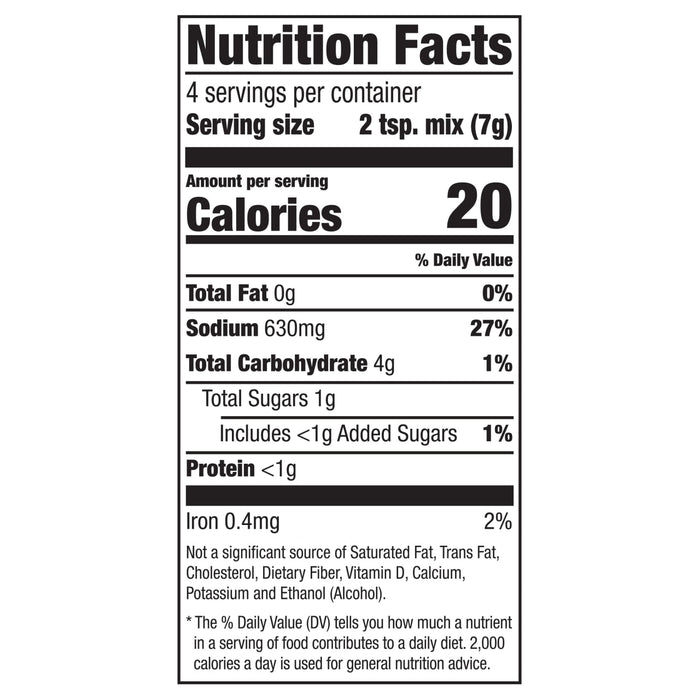 Nutrition facts label showing the nutritional information for a food product, including calories, fat, sodium, carbohydrates, protein, and iron.